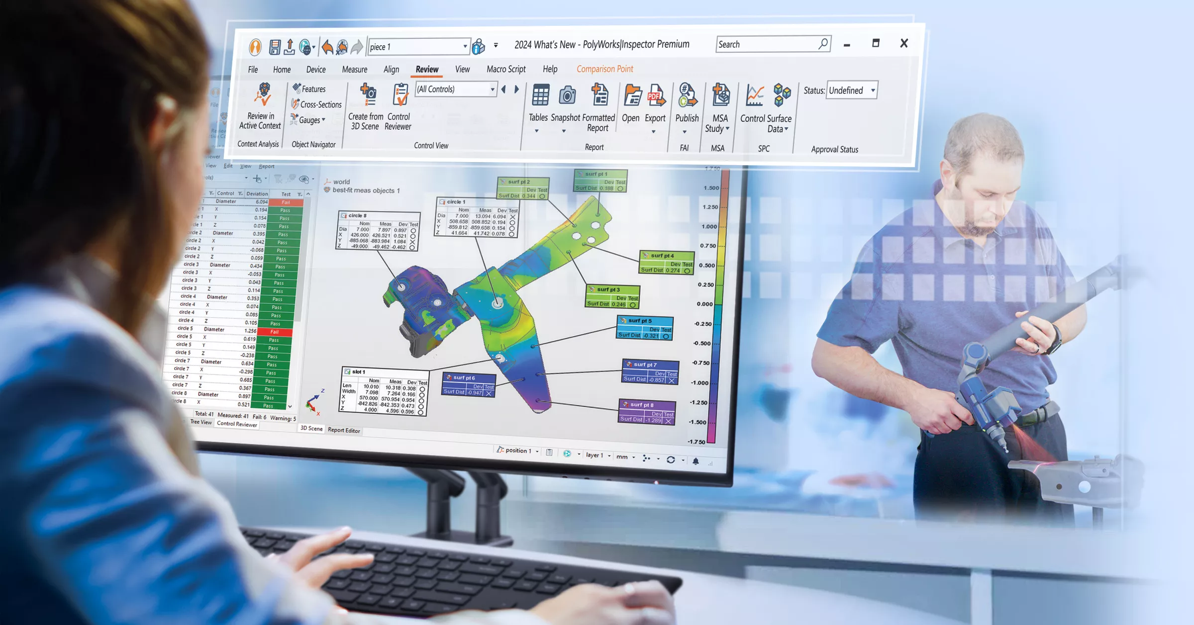 Il ribbon di PolyWorks|Inspector 2024, le interfacce rielaborate e le barre degli strumenti contestuali a schermo aiutano a ottimizzare il flusso di lavoro.