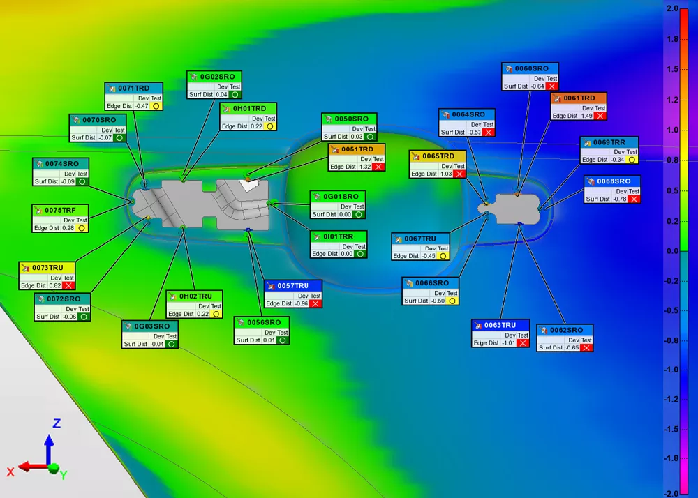 PolyWorks|Inspector 2024 offre aux utilisateurs une analyse améliorée en affichant des vues de contrôles dans plusieurs recalages data.